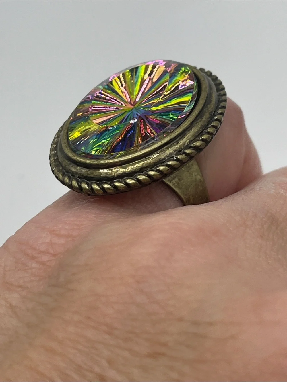 Iridescent Multicolor Oval Statement Ring in Brass-Tone adjustable